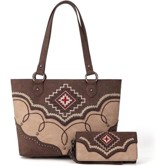 Montana West Aztec Tote Bag & Wallet Set For Women - Embroidered Western Purse With Zipper